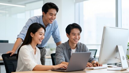 Three people working together on computers in an office