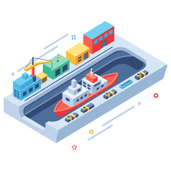 Obraz premium Isometric harbor scene with cargo ship, containers, and crane