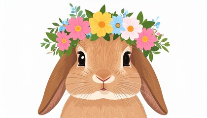 Adorable Brown Bunny with Floral Crown - A Charming Springtime Illustration.