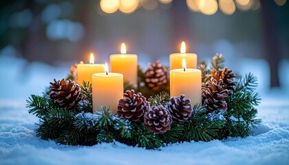 Advent wreath with burning candles and pine cones in snow.