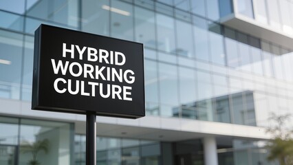 Sign indicating hybrid working culture in front of office building