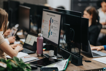 Business professionals work at a busy office, using monitors, laptops, and tablets. Colleagues collaborate around a tech-filled workspace with notes and beverages nearby.