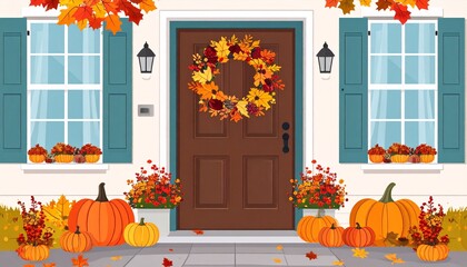 Autumn Front Porch Decor with Pumpkins and Wreath Illustration.