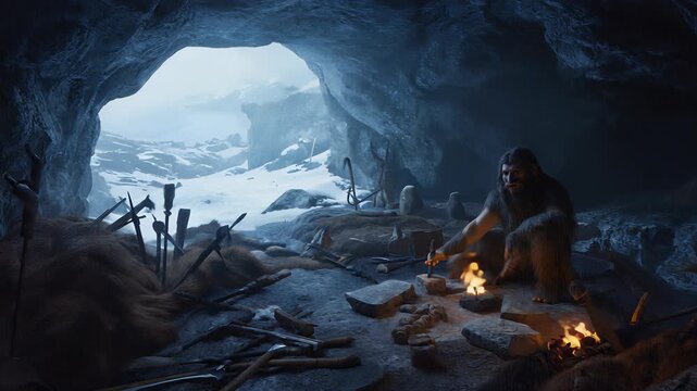 Neanderthal Man Tending Fire in Cave &ndash; Primitive Lifestyle, Ancient History, Prehistoric Survival, Stone Age Scene.