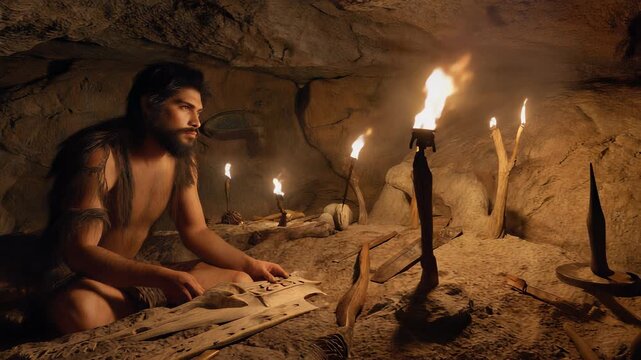 Paleolithic Man Engraved on Bone, Primitive Art, Ancient Cave Dweller, Prehistoric Culture, Stone Age Craftsmanship.