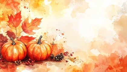 Autumn watercolor painting with pumpkins and maple leaves illustration.