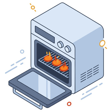 Isometric illustration of an electric oven with apples baking inside