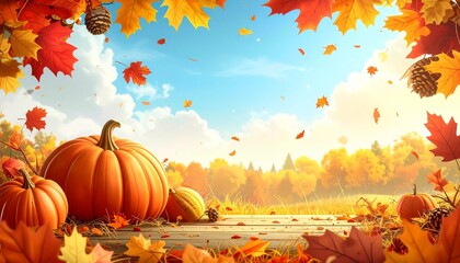 Autumnal Abundance - Pumpkins and Falling Leaves in a Sunny Landscape.