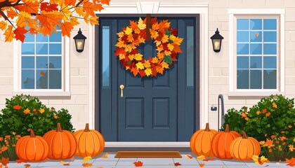 Autumnal Doorway - Pumpkins, Wreath, and Fall Foliage Decorating a Home.