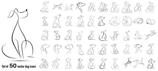 Minimal monochrome one-line dog icons collection in clean vector outline style, continuous single line drawings of dogs in different poses, uniform stroke, black on white background. © serdjo13