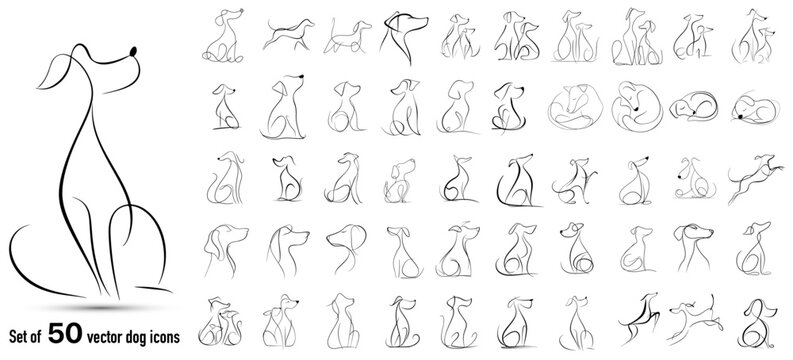 Minimal monochrome one-line dog icons collection in clean vector outline style, continuous single line drawings of dogs in different poses, uniform stroke, black on white background.