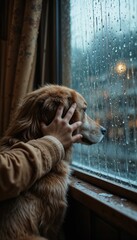 Close-up of a child&rsquo;s hand resting on a dog&rsquo;s back as they both look out a rain-streaked window