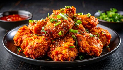 Fototapeta premium Delicious Crispy Fried Chicken Wings with Sesame and Green Onions on Black Plate Against Dark Wood Background