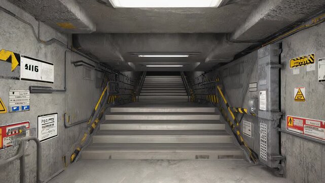 Concrete Stairwell Interior - Industrial Architecture with Metal Railing and Minimalist Lighting