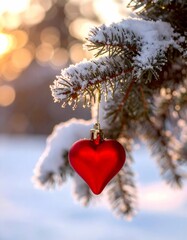 Christbaumkugel als Herzform h&auml;ngt am verschneiten Zweig