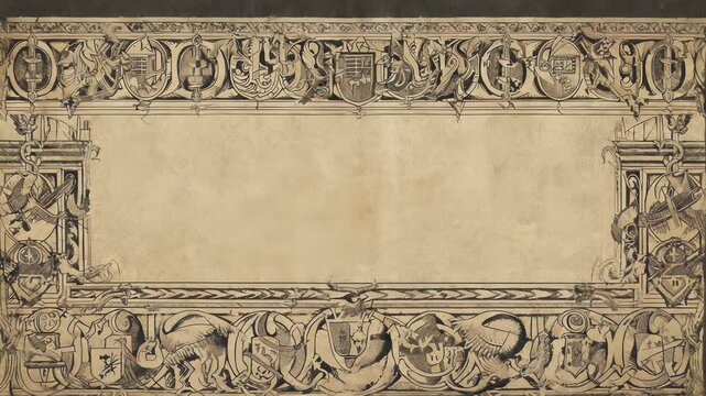 Medieval Illuminated Manuscript Detail: Heraldic Crest with Griffin and Fleur-de-Lis, Detailed Medieval Art Illustration.