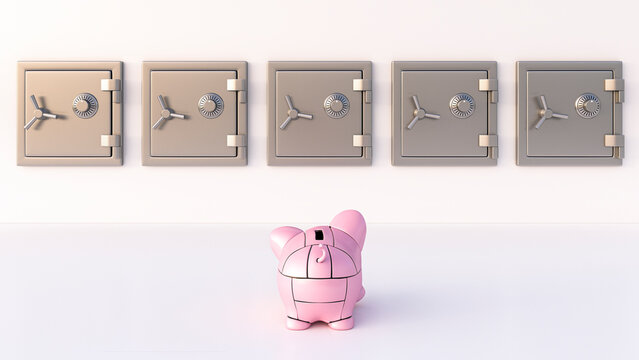 Rendering of pink robot piggy bank in front of vaults