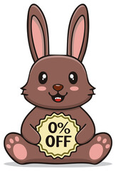 Obraz premium Cartoon bunny holding 0% off sign, promotion illustration for seasonal discount event, cute spring rabbit with offer