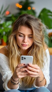 A woman is sitting on a couch and looking at her cell phone. She is smiling and she is enjoying herself