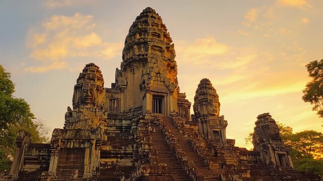 Ancient Khmer Temple Ruins at Sunrise: Detailed Stone Architecture and Historical Significance in Southeast Asia.