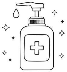 Obraz premium Hand sanitizer bottle with a cross sign and droplet illustration, healthcare concept.