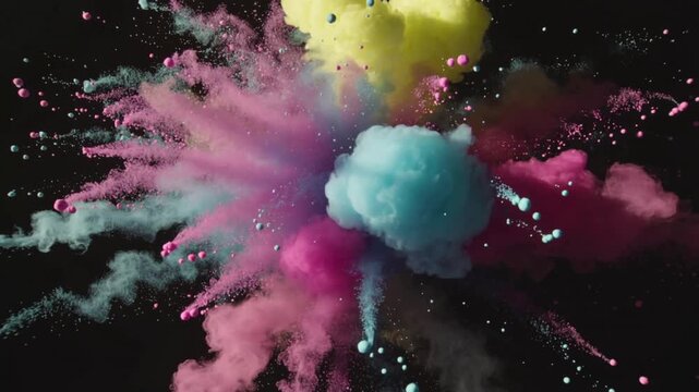 Vibrant explosion of multi colored powder particles in slow motion against black background cinematic abstract color burst.