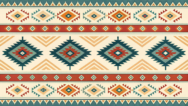 Seamless traditional tribal rug pattern with geometric borders and ethnic southwestern textile motifs
