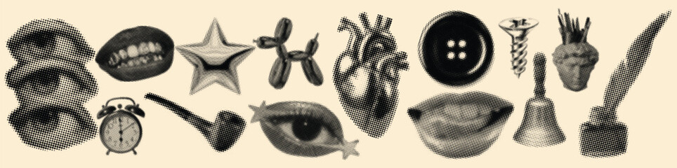 Haftoon Surreal Fantasy Abstract Collage Illustration with Eyes, Mouths, Hearts, Spinal Columns, Hands, Clocks, Pipes, Balloons, Starfish, Bells, and Creative Artistic Symbolic Design