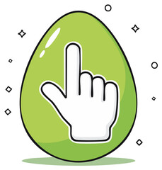 Obraz premium Cartoon hand pointing, cursor, green egg shape with starburst decorations