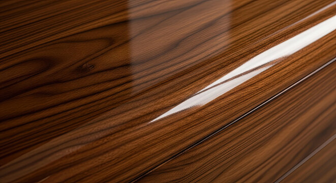 Close up of polished dark walnut wood surface with elegant curved edges and high gloss finish reflecting light to show rich natural grain patterns and deep brown tones