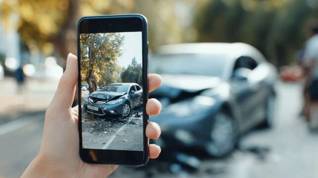 Mobile phone captures accident scene with damaged car, showing first-person perspective and surrounding environment in soft daylight