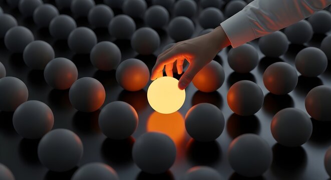 Talent Selection Strategy and Breakthrough Business Solutions: The image of a hand selecting a bright sphere among dark marbles symbolizes differentiation and outstanding success.