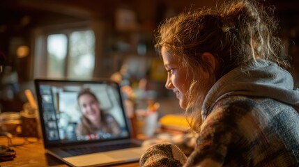 Fototapeta premium Woman Video Conferencing at Home, Remote Work Lifestyle, Online Meeting, Cozy Atmosphere, Digital Connection.
