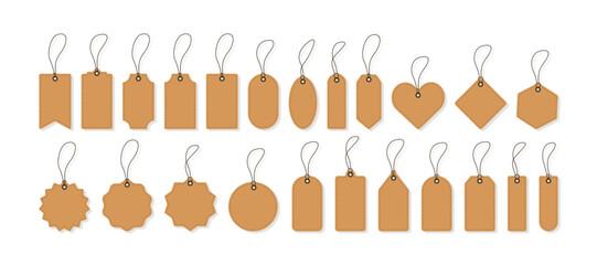 Naklejka premium Blank kraft paper price tags. Gift tags in different shapes. Set of labels with cord. Blank labels template. Promotional sale badge. Vector illustration