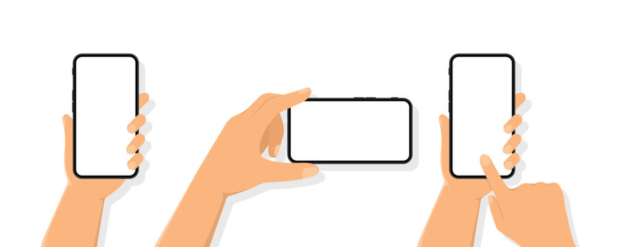 Human hands using and holding smartphones with white screen set. Empty screen phone mockup. Vector illustration
