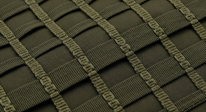 Close up of tactical olive green ripstop nylon fabric with military grade molle webbing system and durable woven textile texture for outdoor equipment
