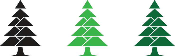 Obraz premium Geometric Pine Tree Icon Set, Minimal Christmas and Eco Tree Vector Silhouettes in Black and Green