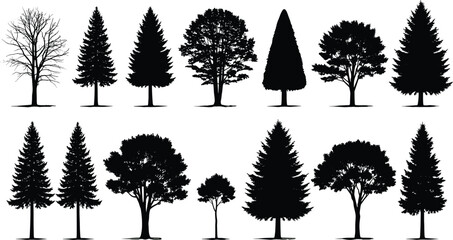Obraz premium Black Nature Silhouette Vector Mega Bundle Featuring Pine Trees Oak Deciduous Forest Cattails Marsh Grass Wheat Stalks and Floral Bouquets Icons for Professional Landscape Design