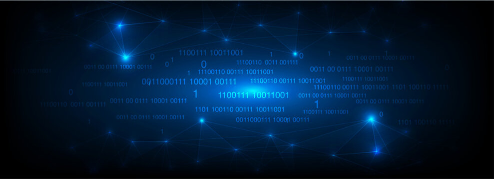 Banner abstract digital technology background with glowing blue network connection binary code. Futuristic data flow, cybersecurity, artificial intelligence, blockchain big data, Vector illustration