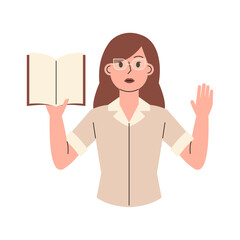 Female Teacher Holding Book and Raising Hand