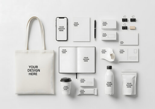 Business Branding Collateral Merchandise Mockup Set on White Background