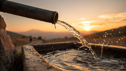 Extreme close-up of fresh water pouring from a weathered pipe into a pool, individual droplets frozen mid-motion, sunset light creating amber highlights and soft shadows, hyper-realistic textures, sha