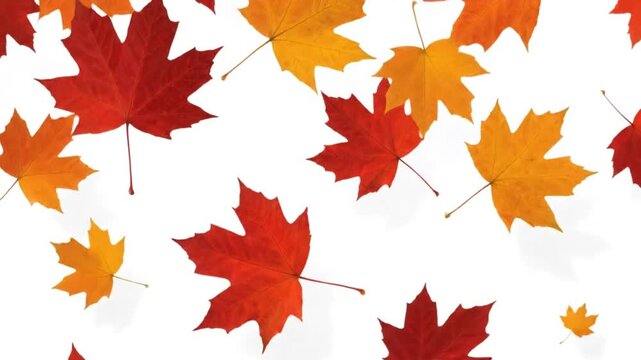 Vibrant red and orange autumn maple leaves falling against a clean white background, capturing the essence of the fall season.