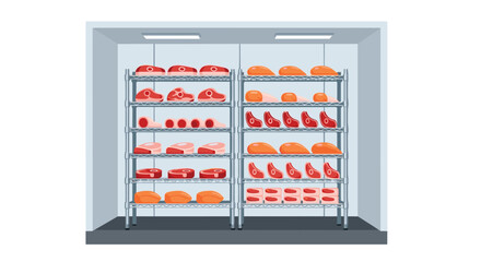 Cold Storage Room with Metal Racks Holding Various Cuts of Raw Meat Products in a Processing Facility.