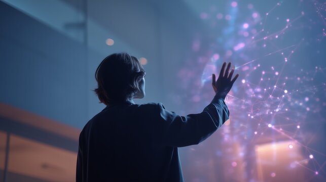 Business person reaching toward blue purple holographic AR interface with network nodes and data connections in dark room for augmented reality, mixed reality, human-computer interaction, and gesture 