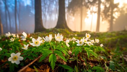 Obraz premium White flowers blooming in a forest with morning sunlight and misty background