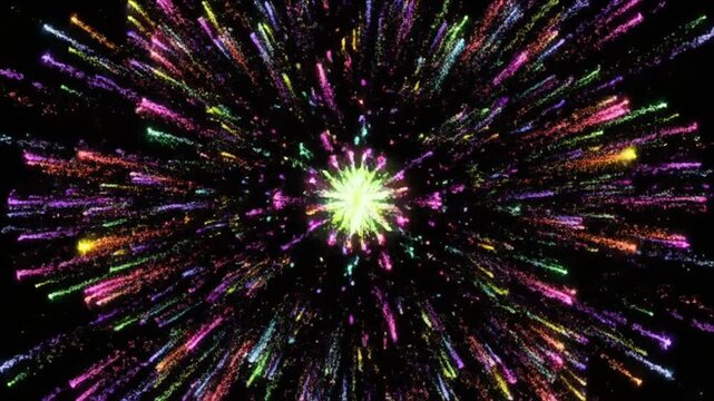 Dynamic Burst of Neon Colored Light Particles Exploding in Dark Space