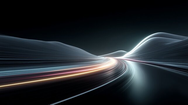 Curved streams of white blue red yellow fiber optic light flowing through dark mountainous terrain for high-speed data network, telecommunications infrastructure, digital highway, and smart city 