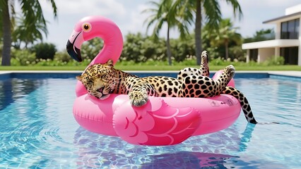 Leopard relaxing on pink flamingo float in pool