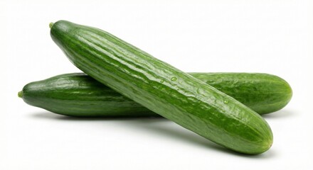 Two whole fresh green cucumbers with water drops isolated on white background
